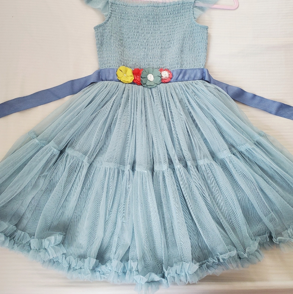 Light Blue Tulle Flower Belt Dress